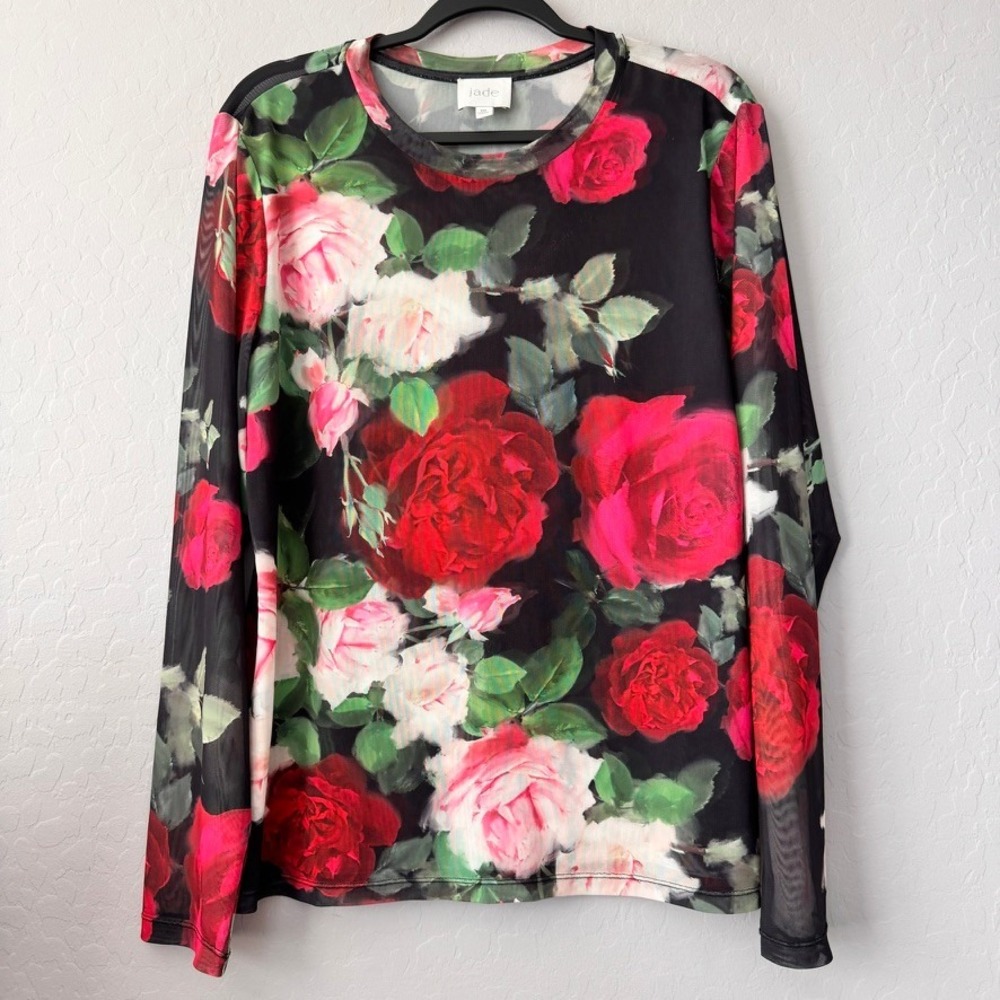 Jade Johnny Was XXL Natalie Maria Rosa Mesh Black Red Long Sleeve Floral Rose